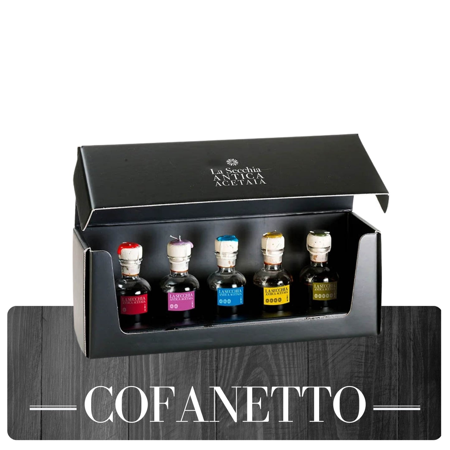 Coffret de dégustation, coffret cadeau, de 5 variétés de vinaigre balsamique de Modène par I.G.P.