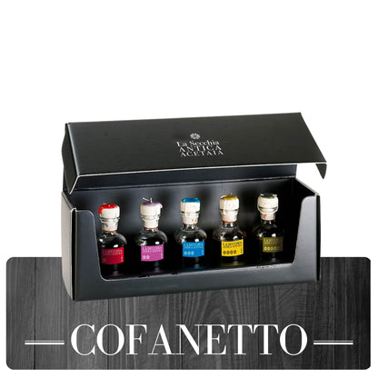 Coffret de dégustation, coffret cadeau, de 5 variétés de vinaigre balsamique de Modène par I.G.P.