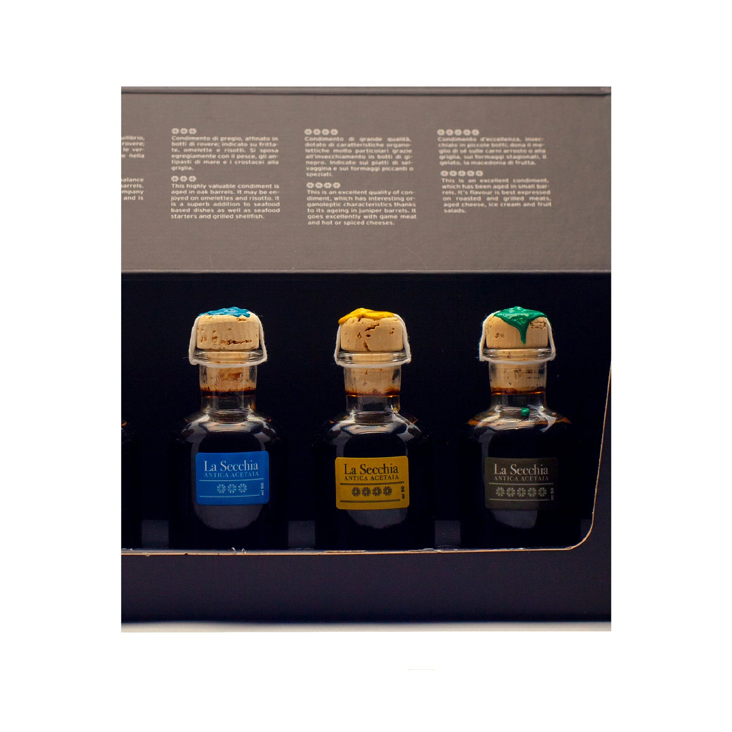 Coffret de dégustation, coffret cadeau, de 5 variétés de vinaigre balsamique de Modène par I.G.P.