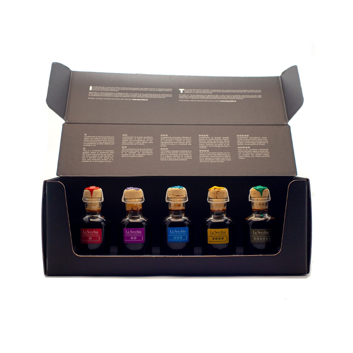 Coffret de dégustation, coffret cadeau, de 5 variétés de vinaigre balsamique de Modène par I.G.P.